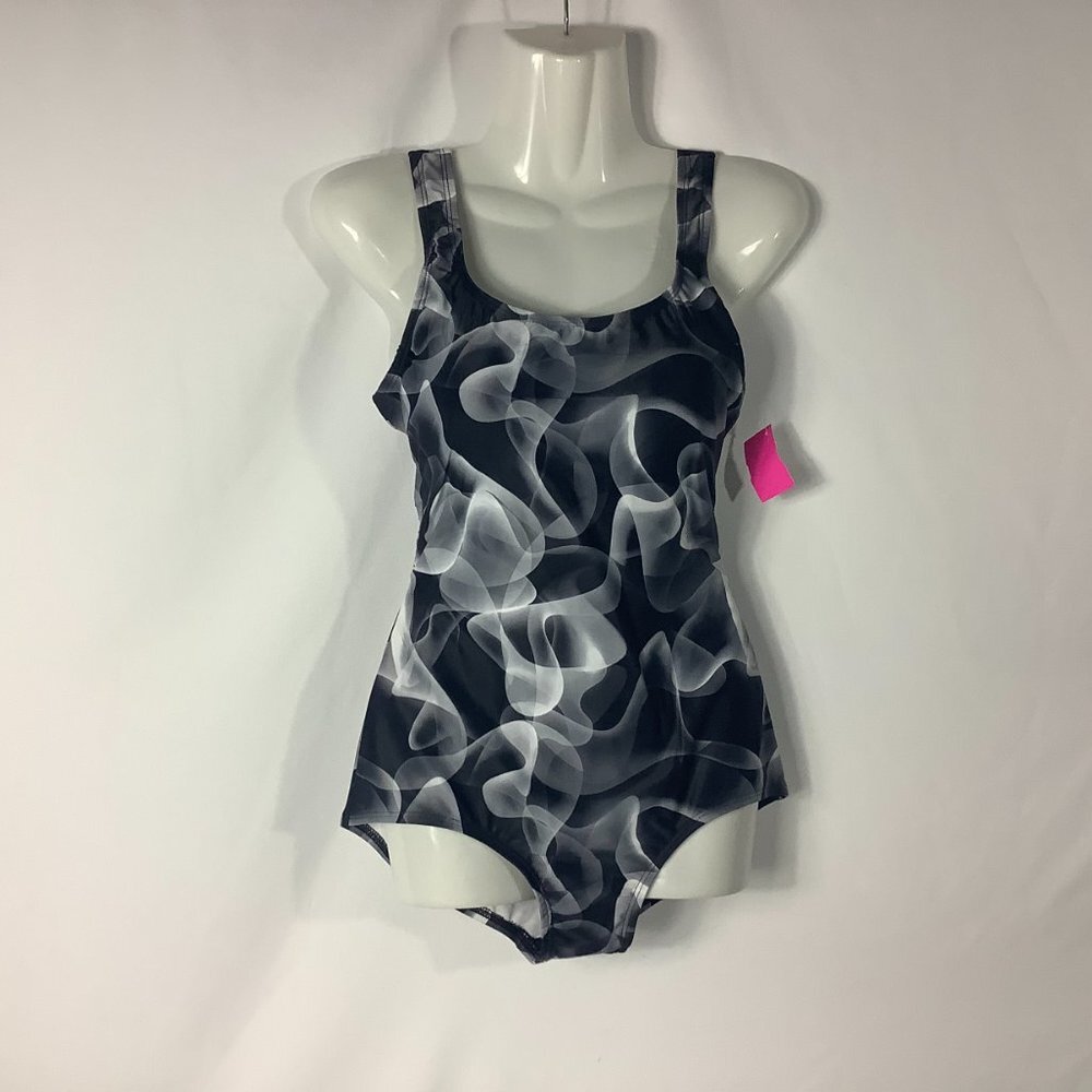 Dee's Design Modest 1 Pc Foam Cups Black Abstract Swimsuit Brazilian Butt NWT